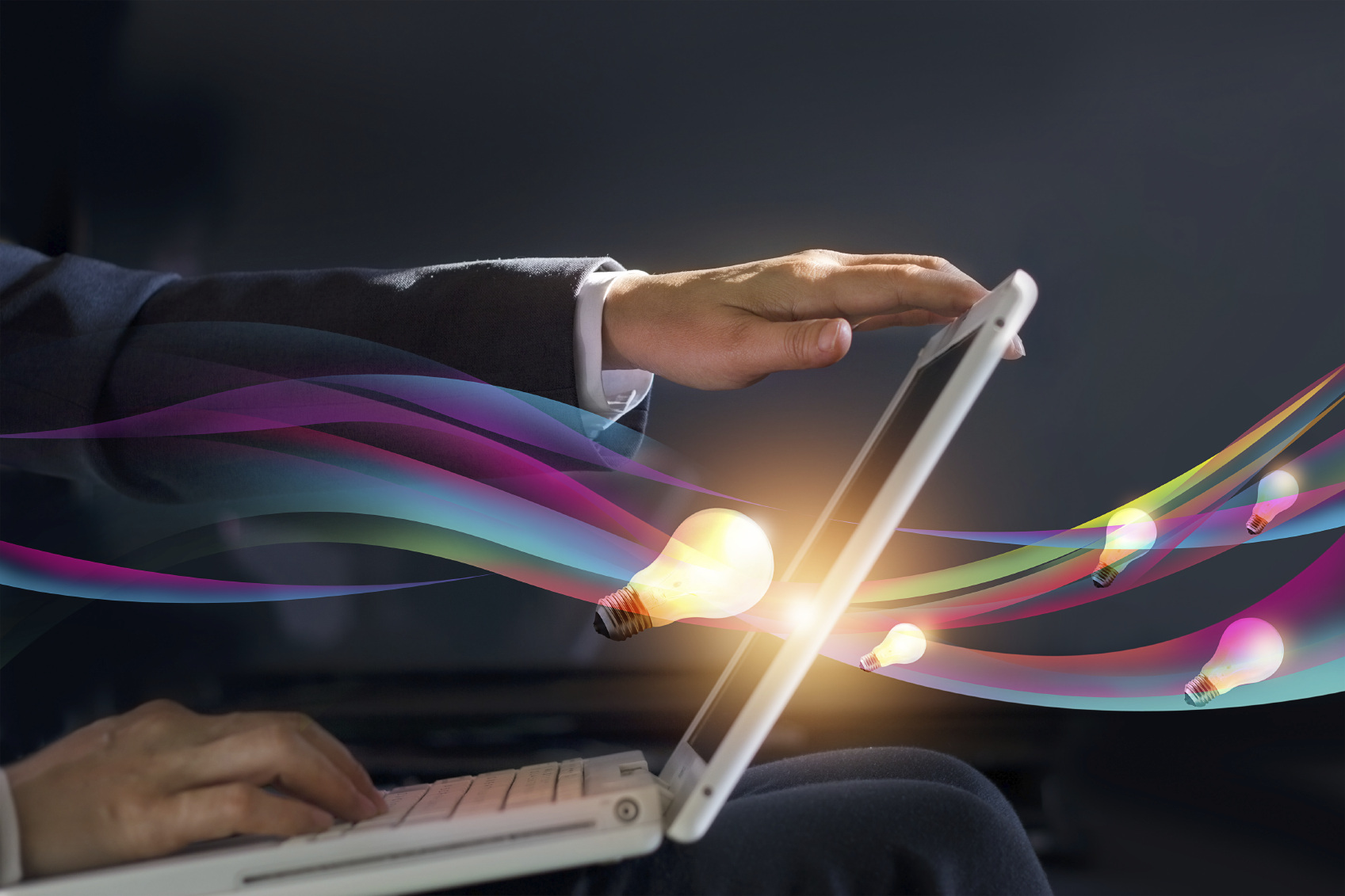 abstract business man open laptop geting gush creative idea of working